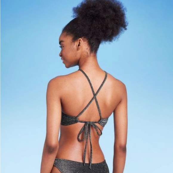 NWT WILD FABLE WOMENS BIKINI TOP HALTER BRALETTE BLACK LUREX - Picture 5 of 7